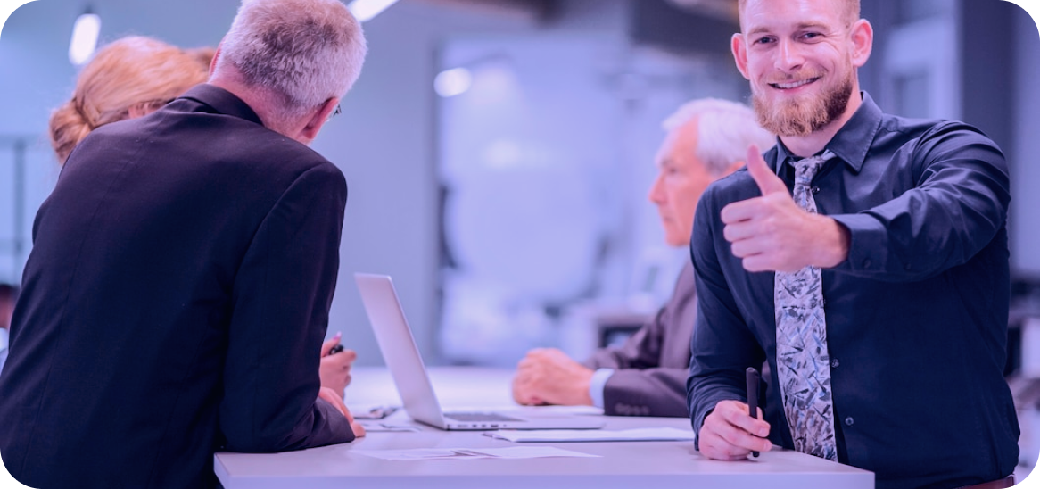 Panel review with an interviewer giving a thumbs-up, representing the 7-step vetting process