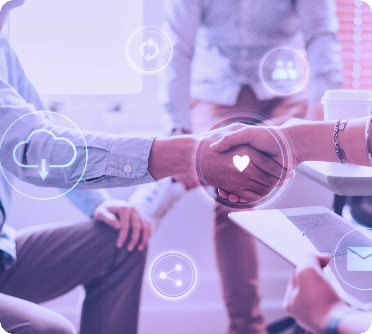 Professionals shaking hands with digital icons, representing expert referrals