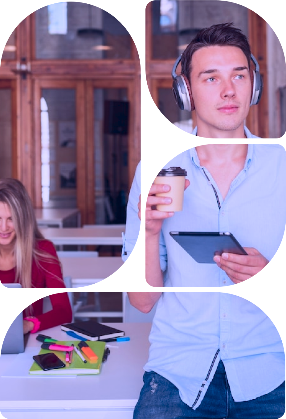 Rounded collage of a professional with headphones and a tablet, plus desk details in a bright modern office