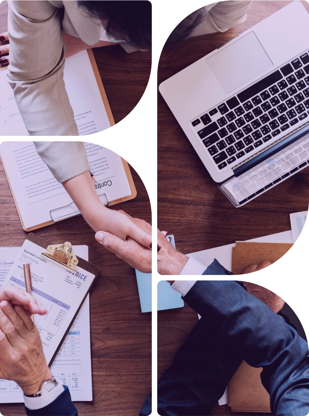 Stylized collage of hands collaborating over documents and a laptop, representing why companies trust Octopyd