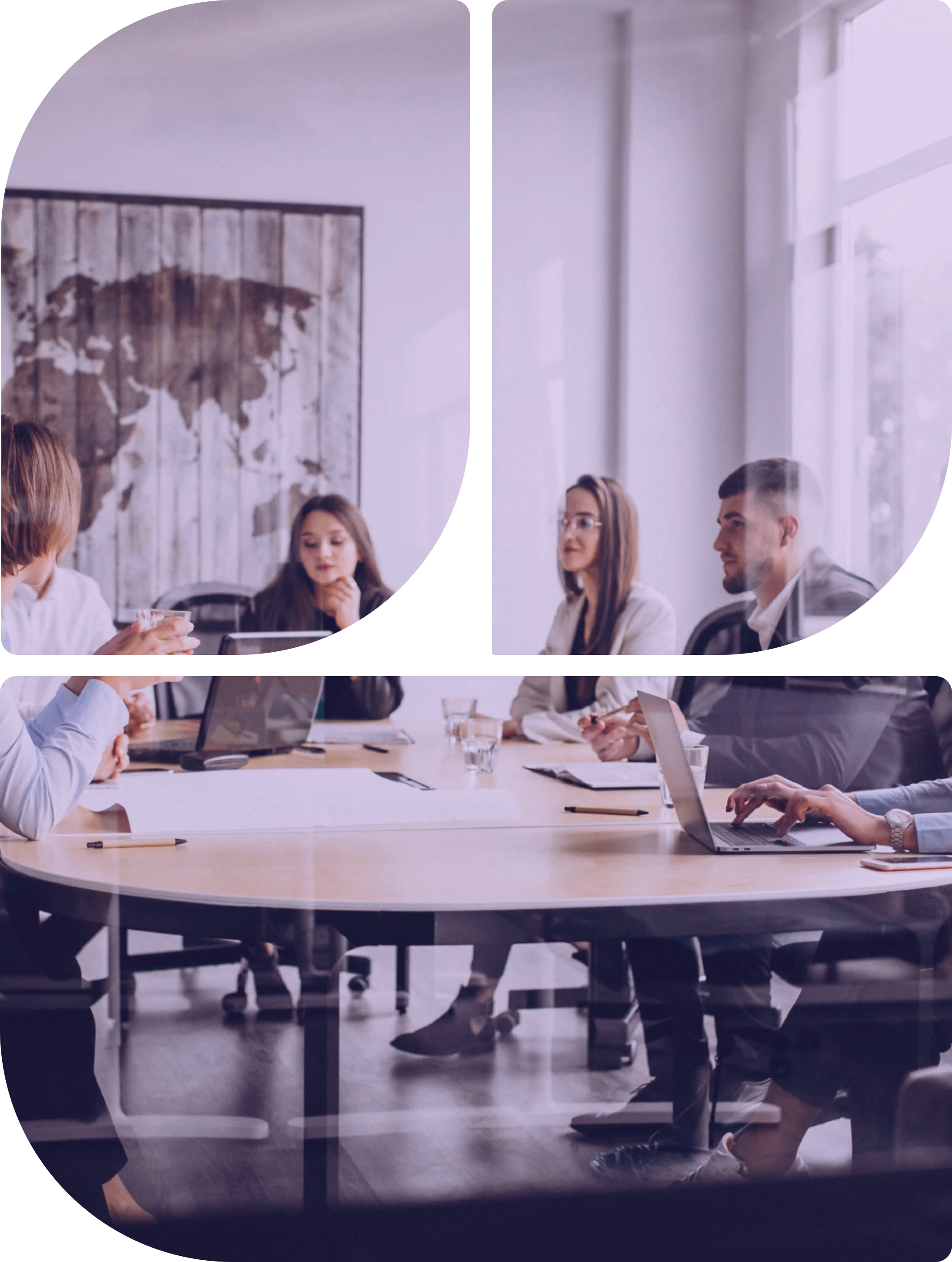 Rounded collage of industry experts collaborating in a conference room, representing why experts trust Octopyd