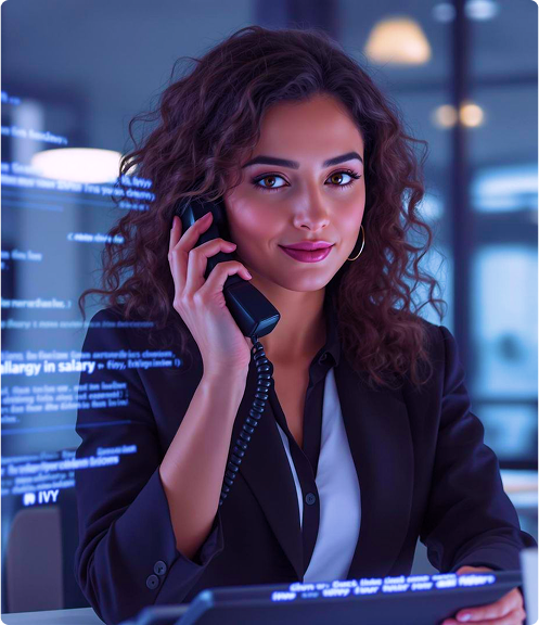 Recruiter speaking on a desk phone in a modern office, representing IVY—Octopyd's AI hiring agent