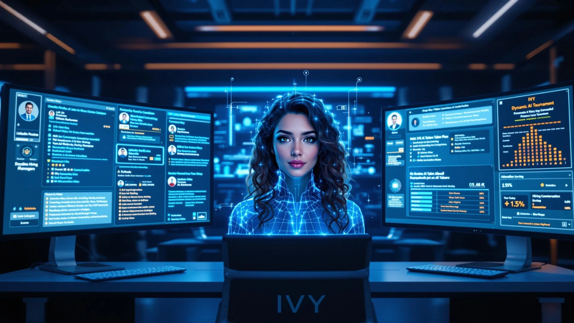 Professional at an IVY workstation reviewing multiple dashboards of candidate analytics, illustrating the AI Talent Tournament
