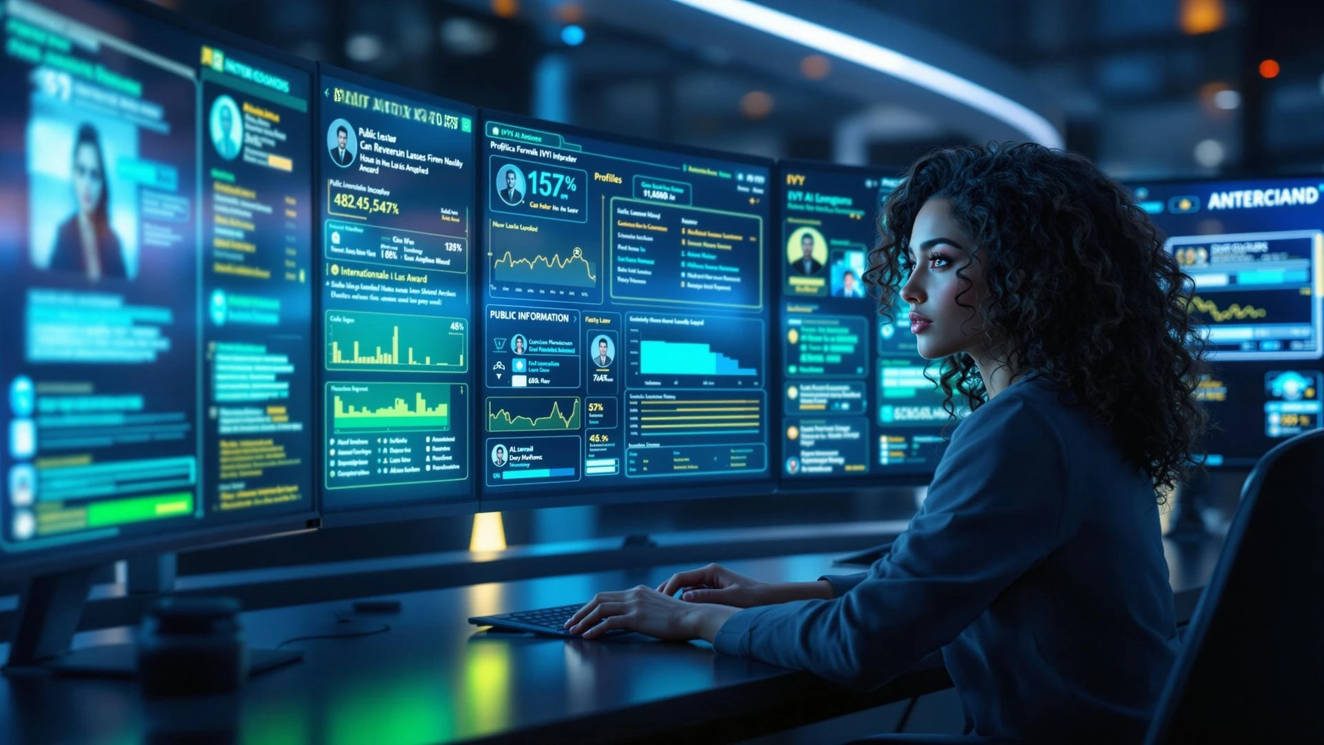 Analyst reviewing multi-screen dashboards of candidate public data, illustrating IVY’s Public Data Pre-Check