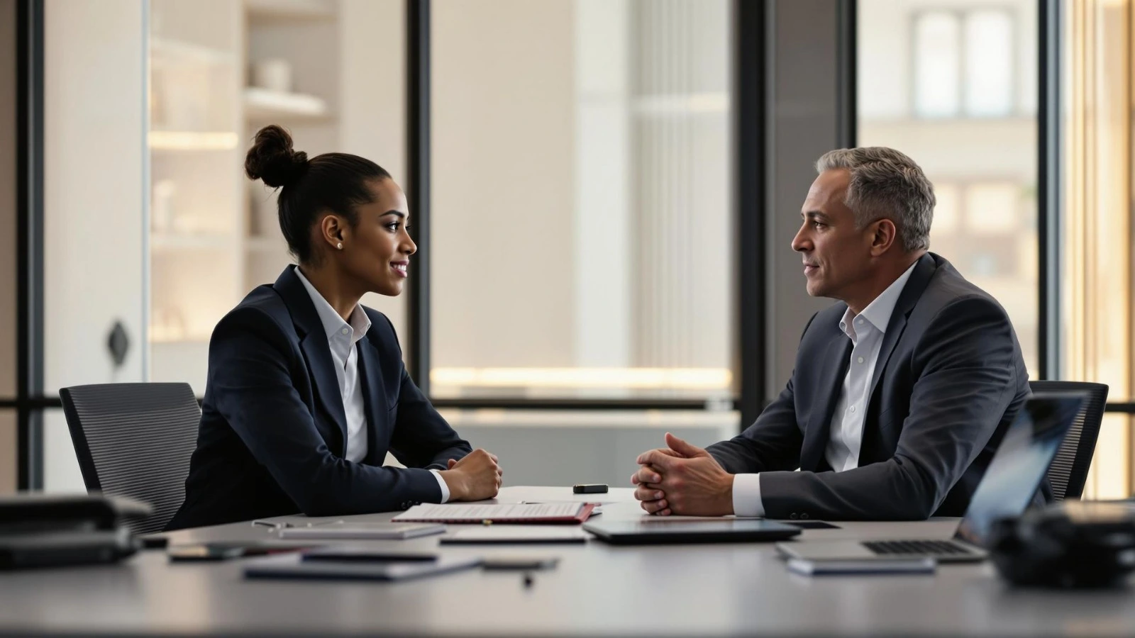 Expert interviewer conducting a technical evaluation with a candidate in a modern office