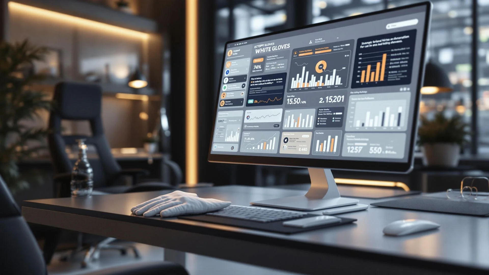 Analytics dashboard on a monitor with white gloves on the desk, representing Octopyd’s white-glove recruitment service