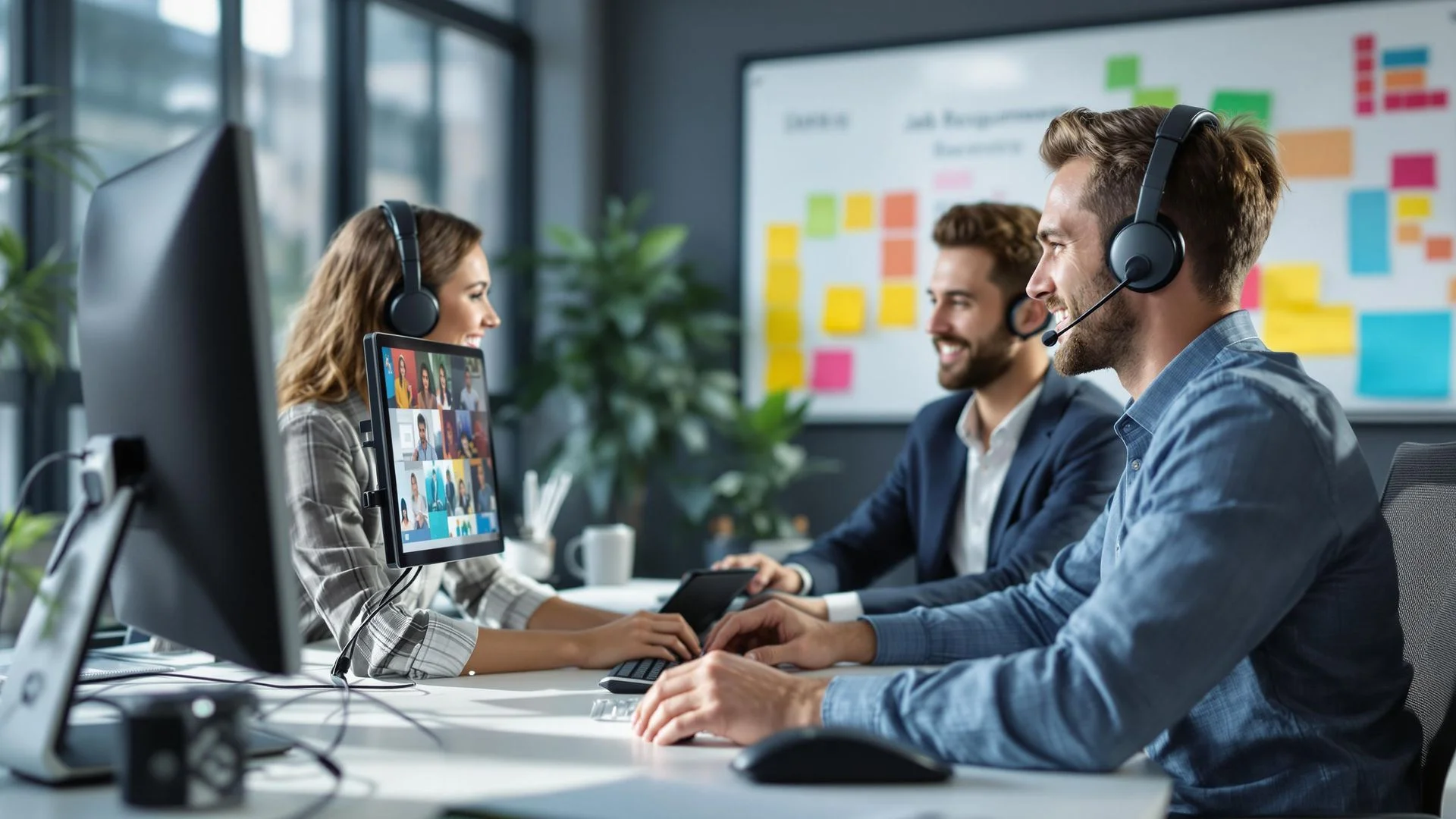 Live support specialists wearing headsets on a video call in a modern office