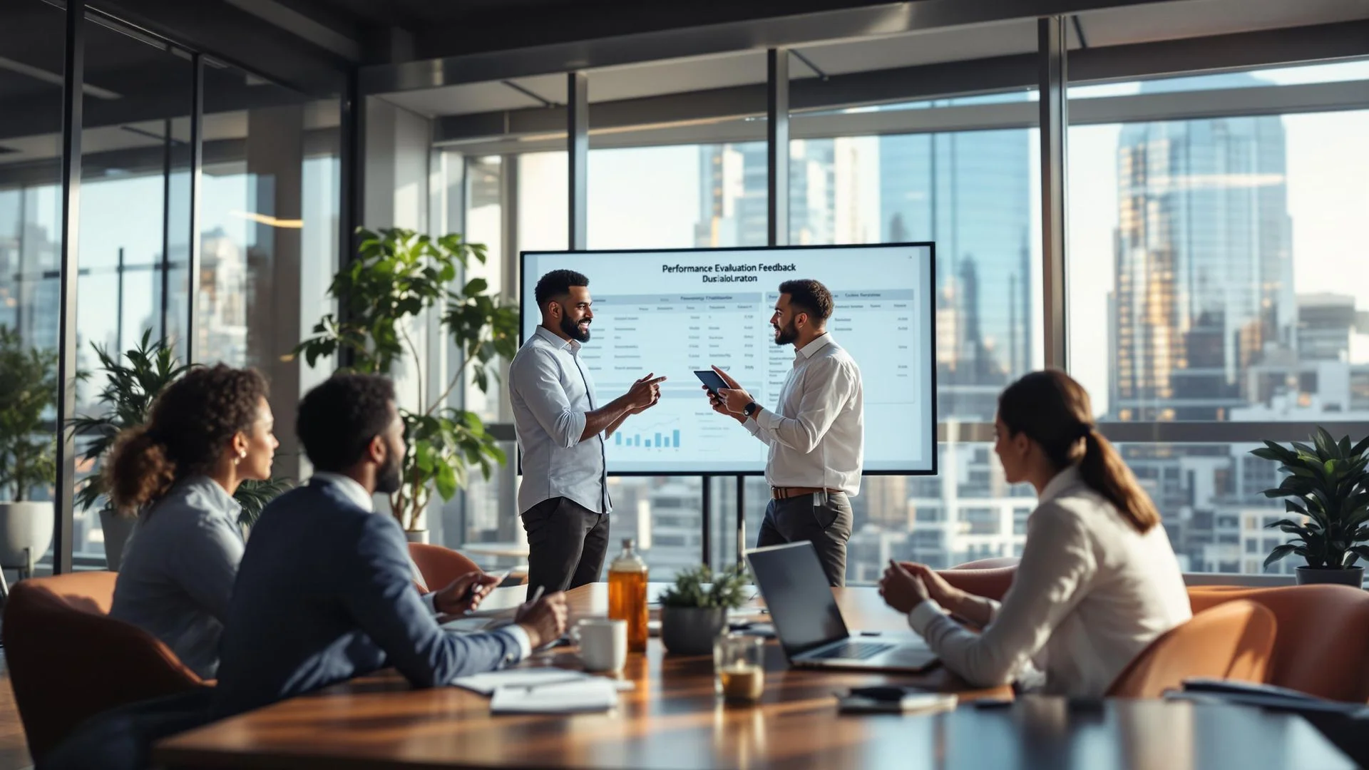 Team meeting reviewing a post-hire performance evaluation dashboard, representing Octopyd’s feedback loop