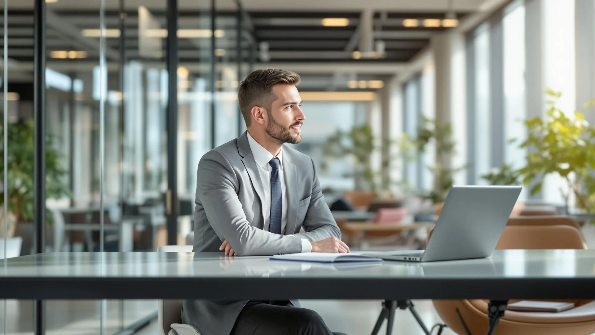 Specialized expert representative seated at a table with a laptop in a modern office