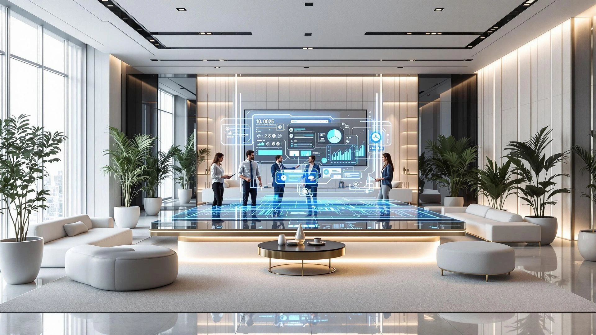 Team reviewing a large digital dashboard in a modern lounge, representing Octopyd’s White Glove full-service recruitment