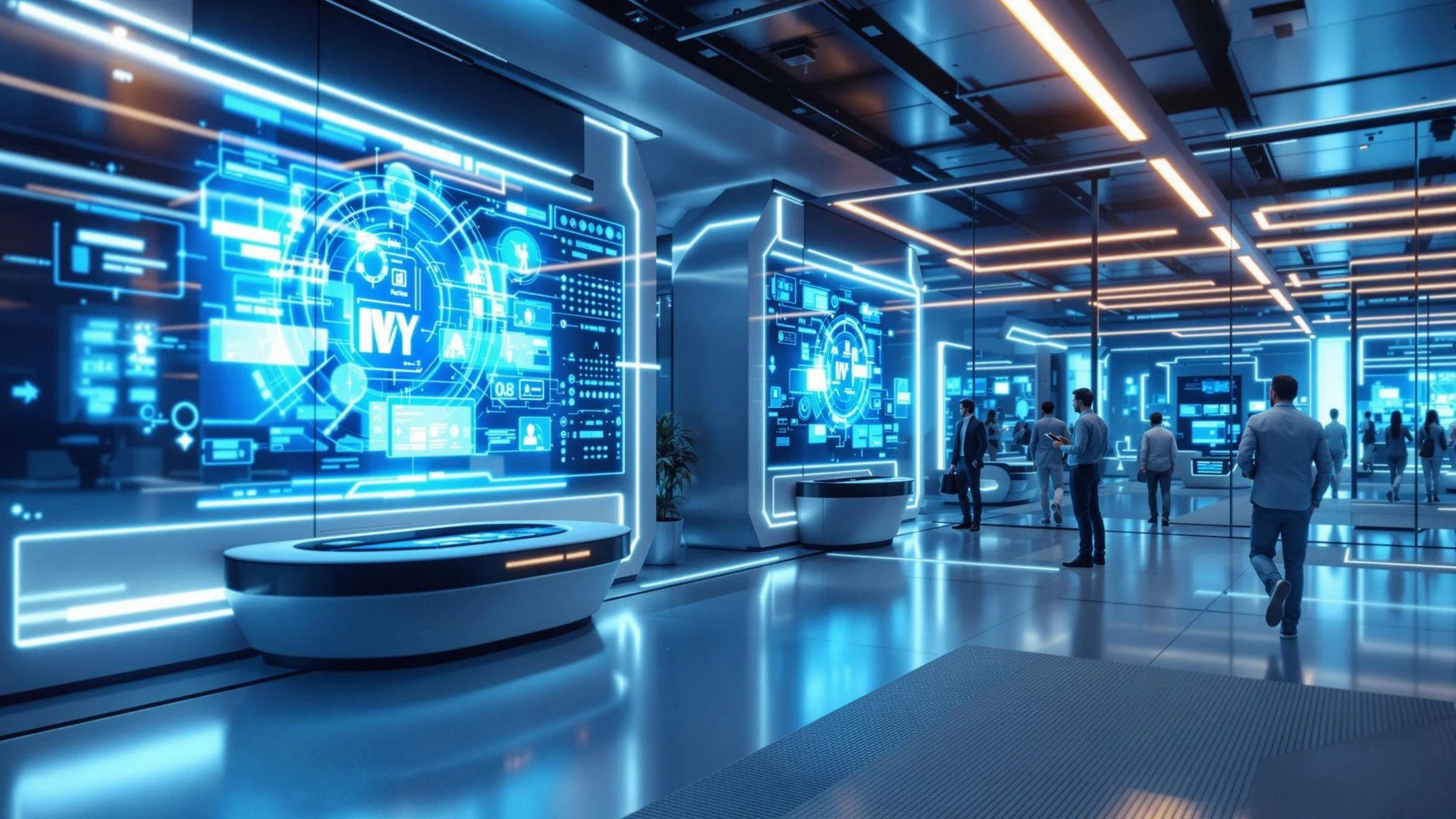 Enterprise operations floor with wall-size IVY analytics displays, illustrating Octopyd’s enterprise hiring platform