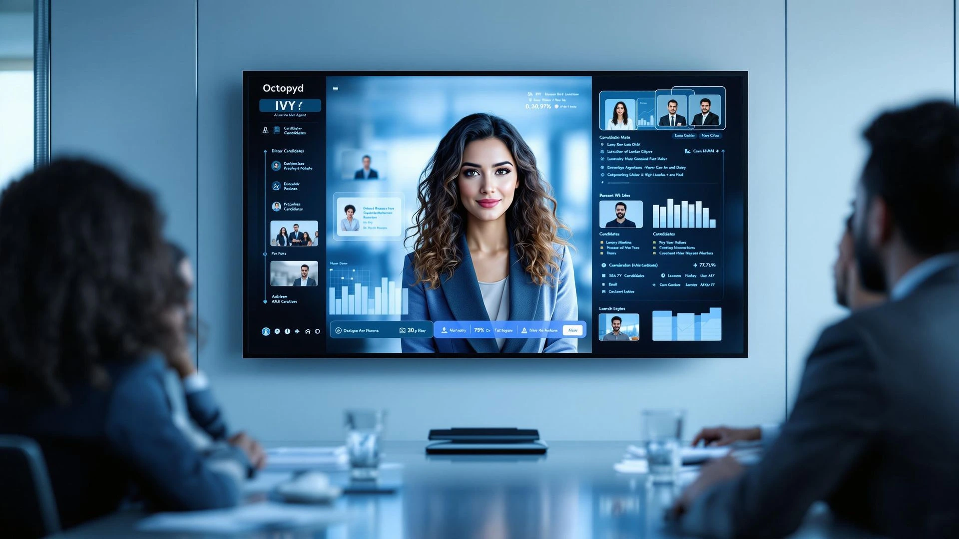 Team in a conference room reviewing IVY on a large screen during the pilot kickoff meeting