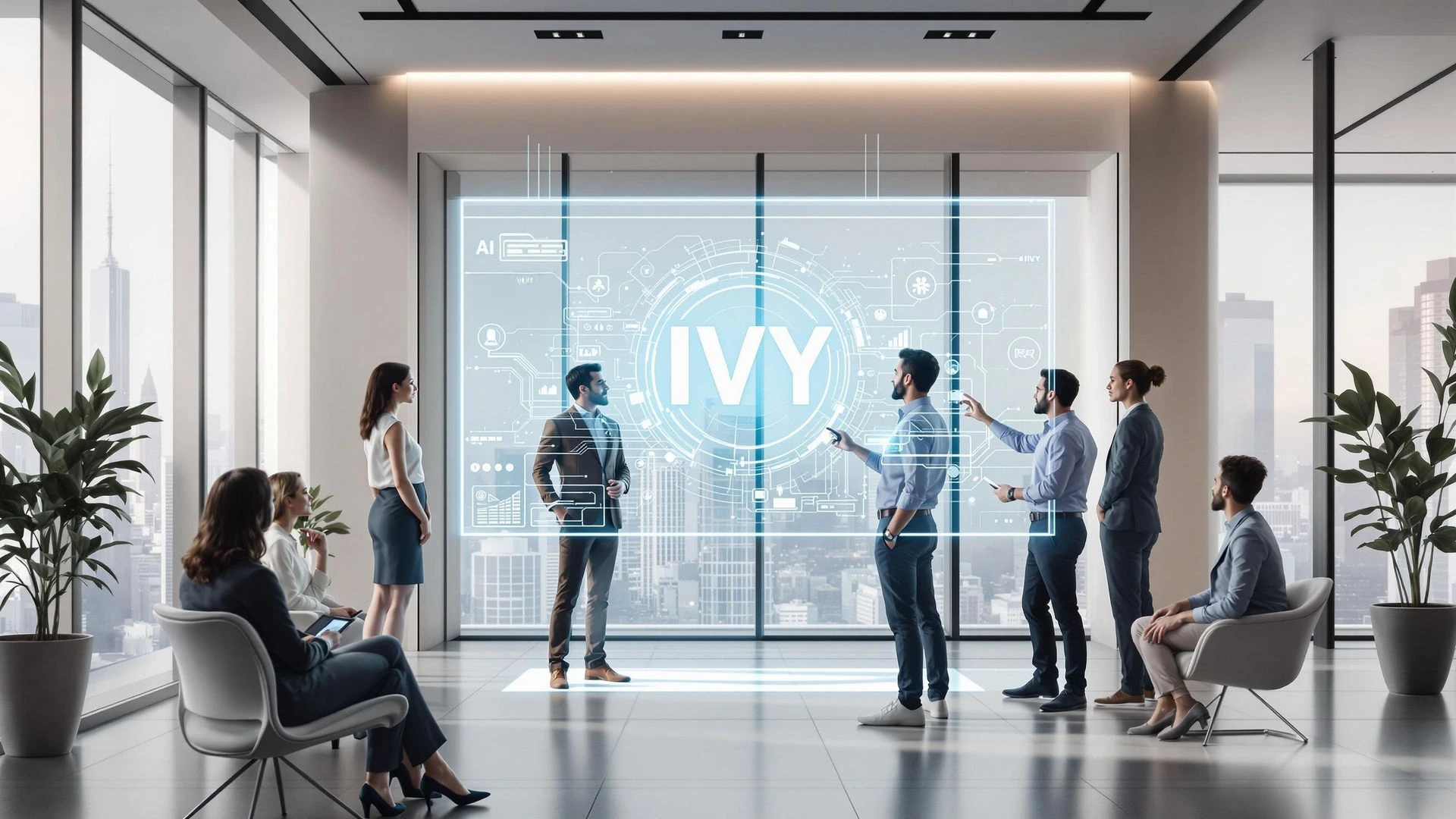 Team presenting around a wall-size IVY display in a glass-walled office, representing the full rollout phase
