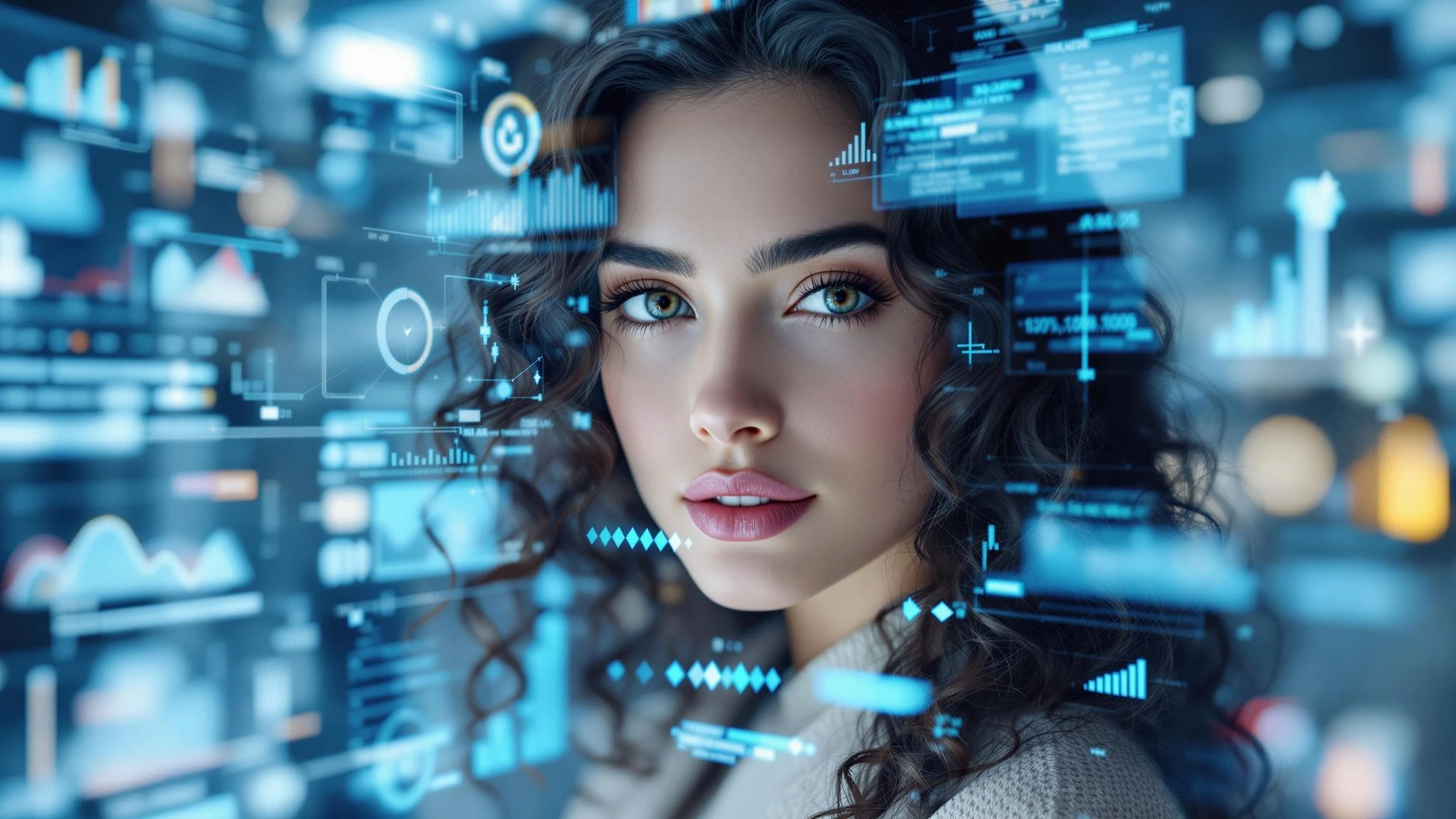 Professional with data overlays, symbolizing AI-powered hiring insights for mid-market teams