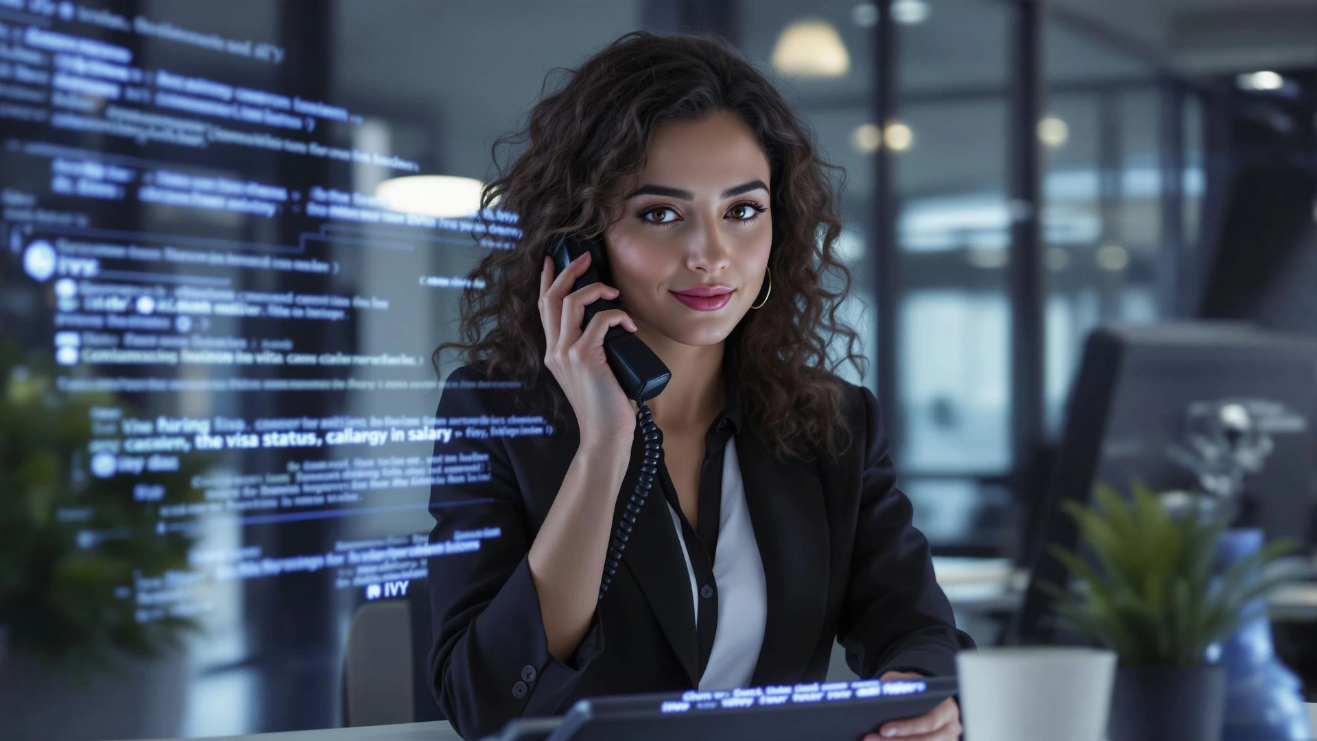 Recruiter on a call beside a translucent data display, representing Octopyd’s scalable recruiting software
