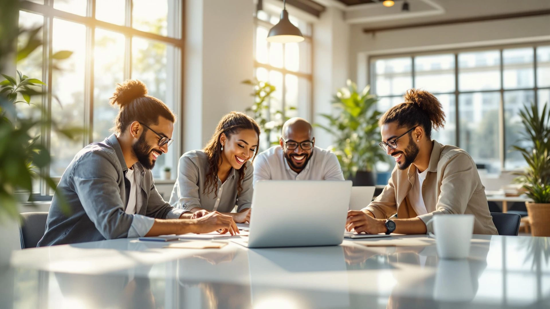 Team collaborating around a laptop in a bright, modern office