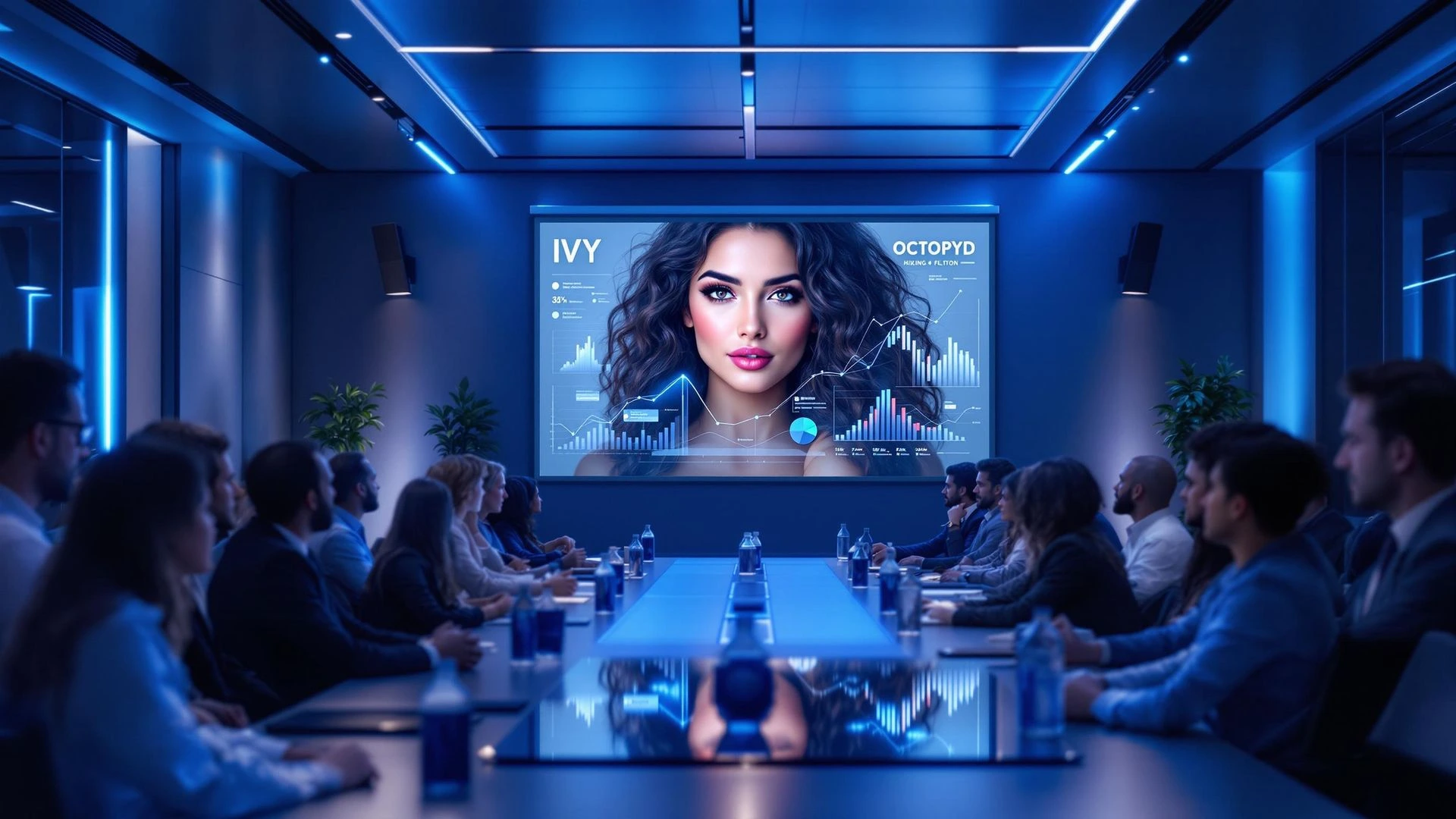 Boardroom presentation featuring IVY on the main screen, illustrating Octopyd’s AI-assisted hiring strategy workshop