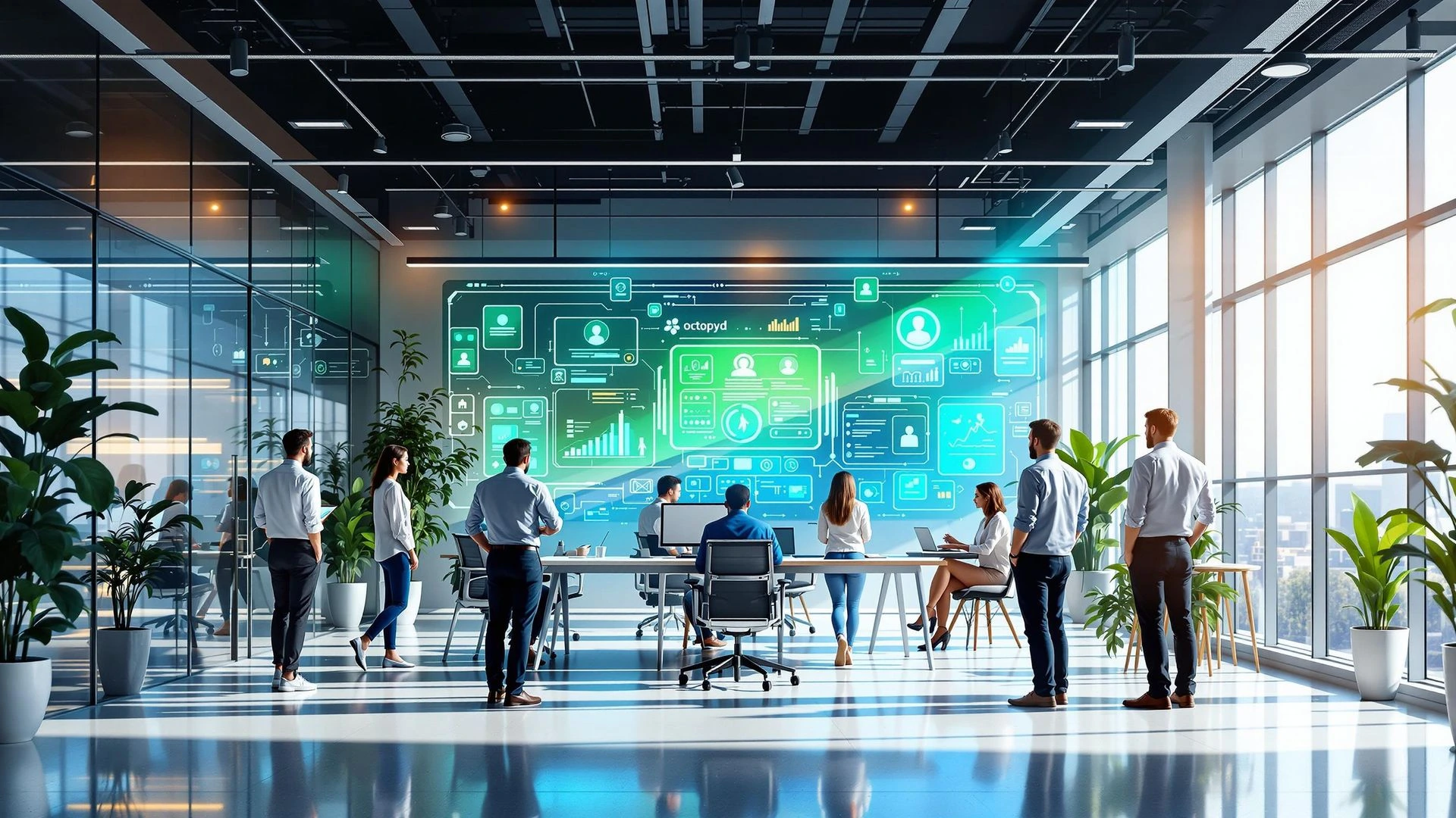 Team collaborating in a glass-walled office with a wall-size Octopyd analytics dashboard, illustrating data-driven recruiting